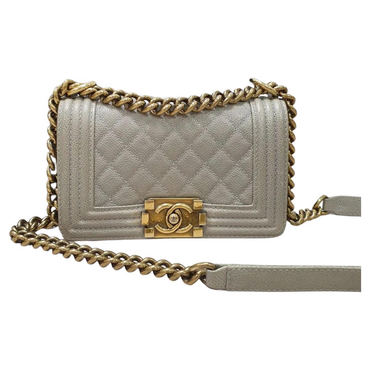 Chanel Grey Caviar Quilted Leather Gold Tone Metal Small Boy Flap Bag 
