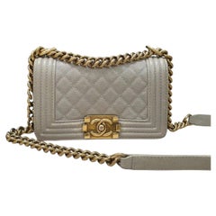 Chanel Grey Caviar Quilted Leather Gold Tone Metal Small Boy Flap Bag 