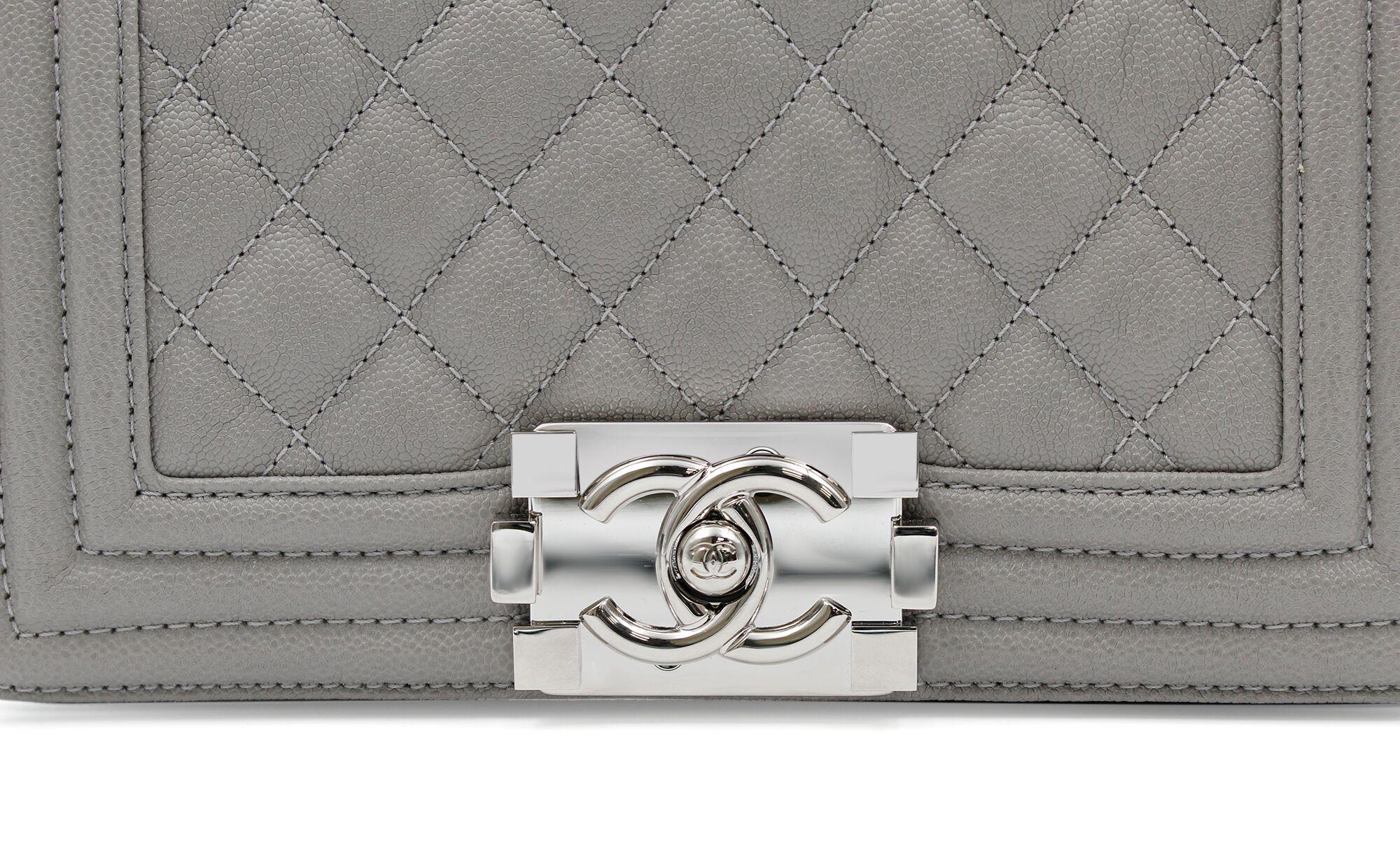 Chanel Grey Caviar Quilted Leather Silver Tone Metal Small Boy Flap Bag A67085 5