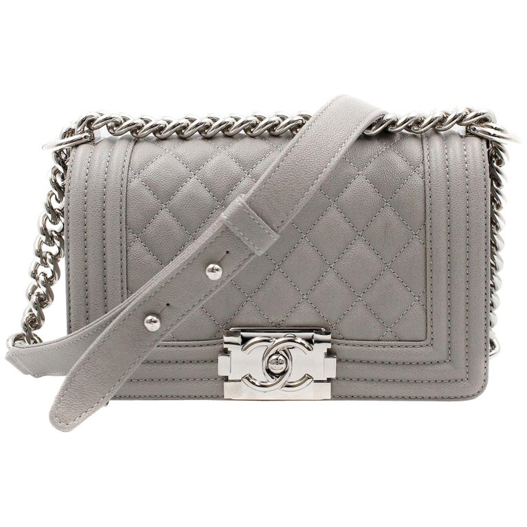 Chanel Grey Caviar Quilted Leather Silver Tone Metal Small Boy Flap Bag  A67085 at 1stDibs