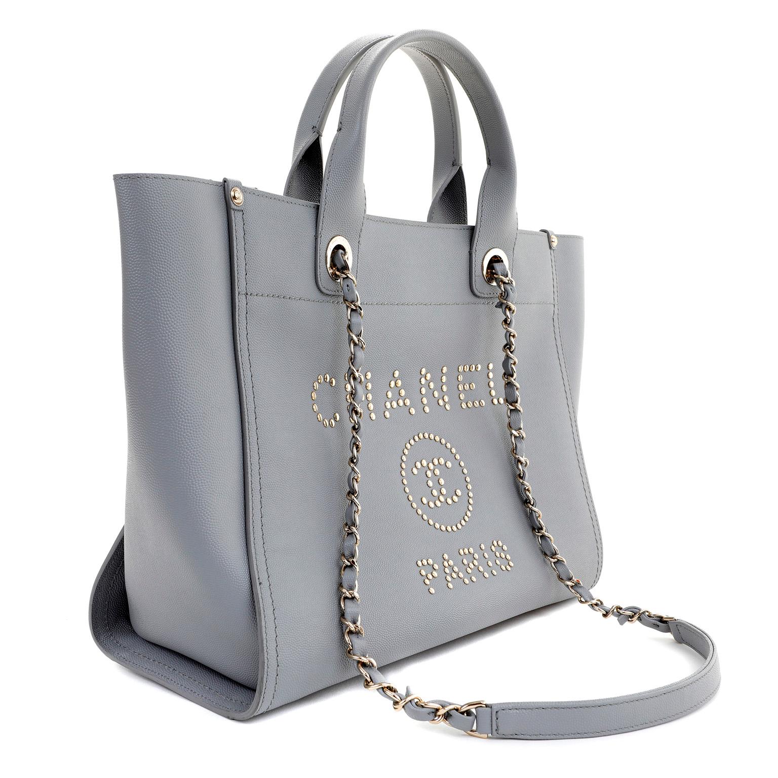 Chanel Grey Caviar Small Studded Deauville Tote Gold Hardware, 2019 (Very Good), Womens Handbag