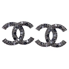 Chanel Grey CC Grey Scattering Crystal Large Piercing Earrings