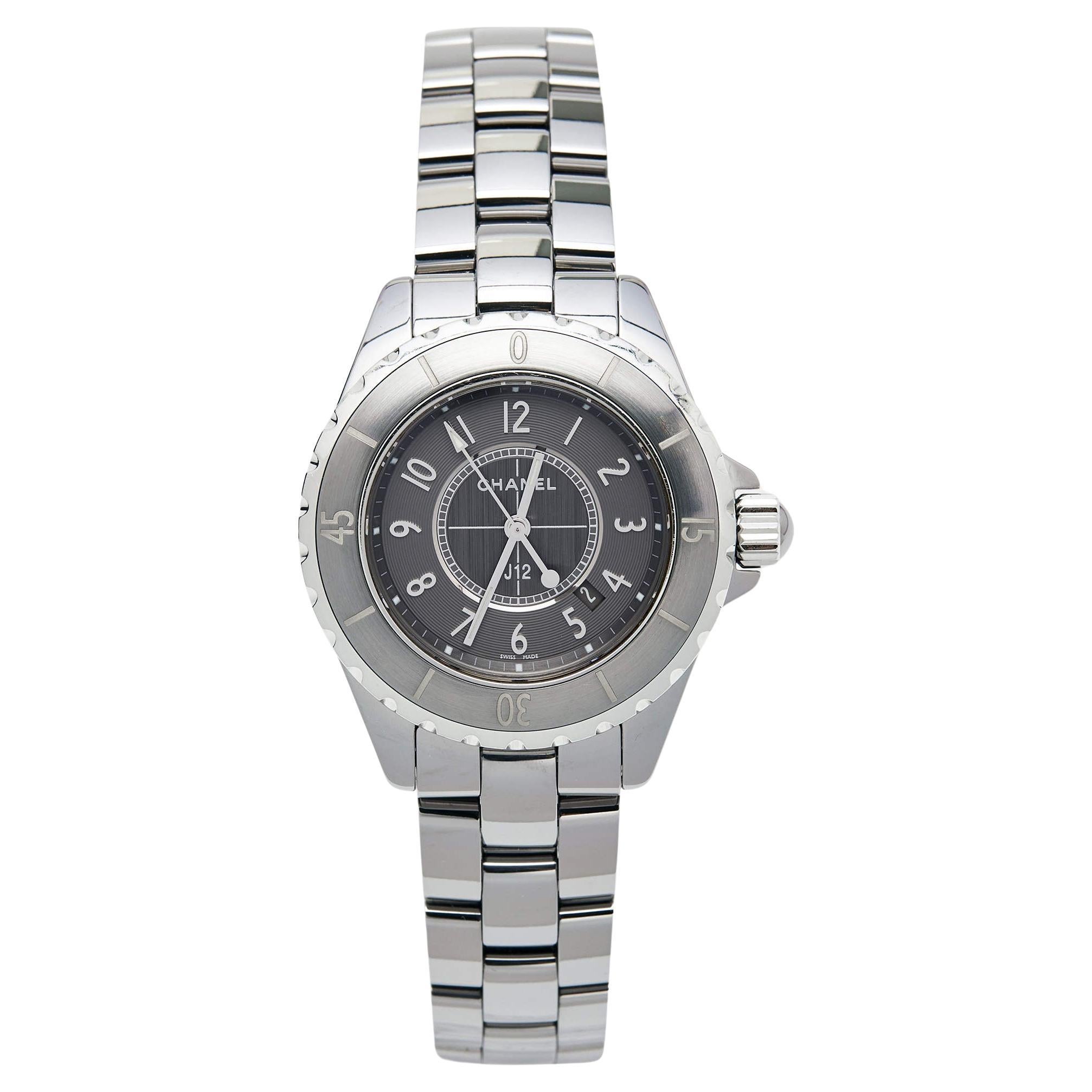 Chanel Grey Ceramic Stainless Steel J12 H2978 Women's Wristwatch 33 mm For Sale