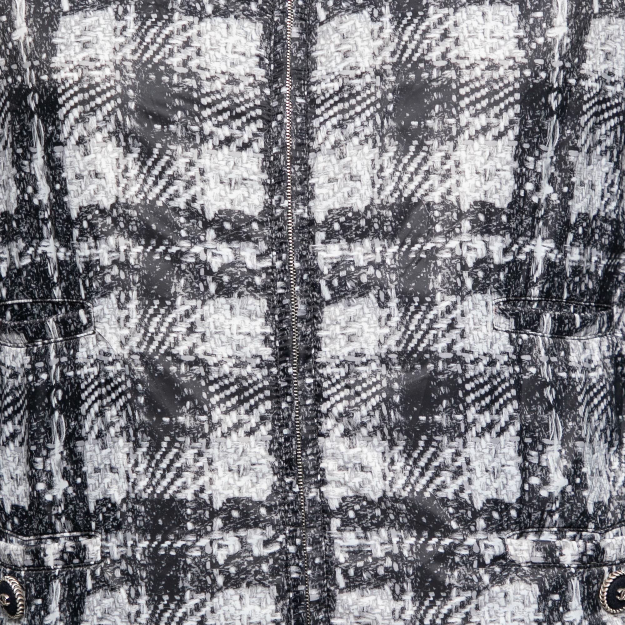 Gray Chanel Grey Checked Tweed Print Technical Fabric Reversible Jacket L