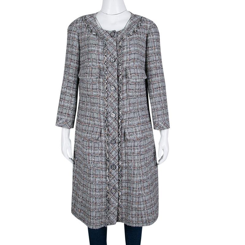 Gray Chanel Grey Checkered Tweed Chain Embellished Buttoned Dress Coat XL