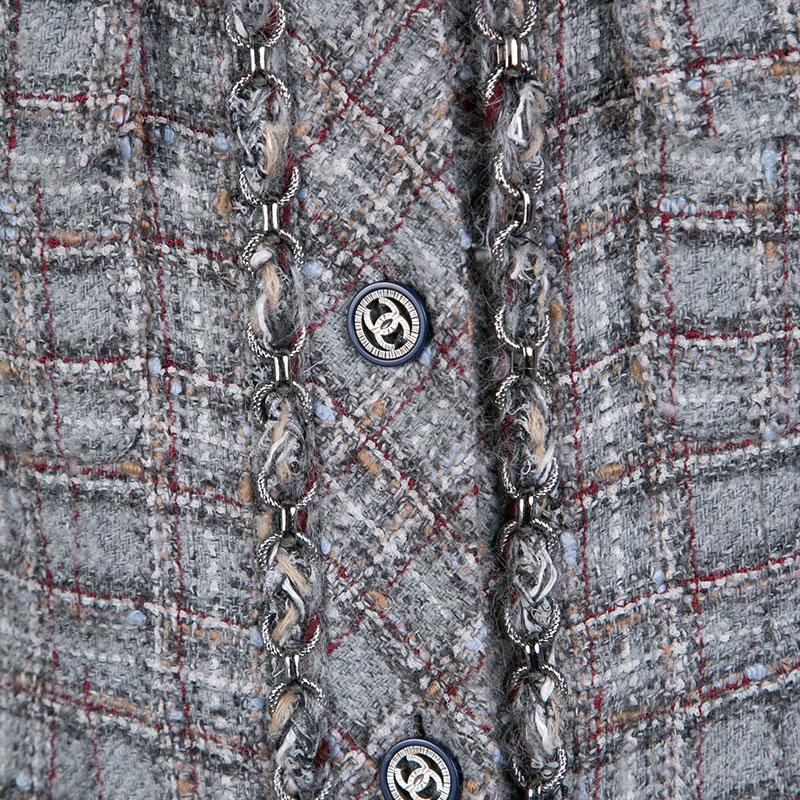 Chanel Grey Checkered Tweed Chain Embellished Buttoned Dress Coat XL 1