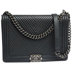 Chanel Grey Chevron Leather Large Boy Flap Bag