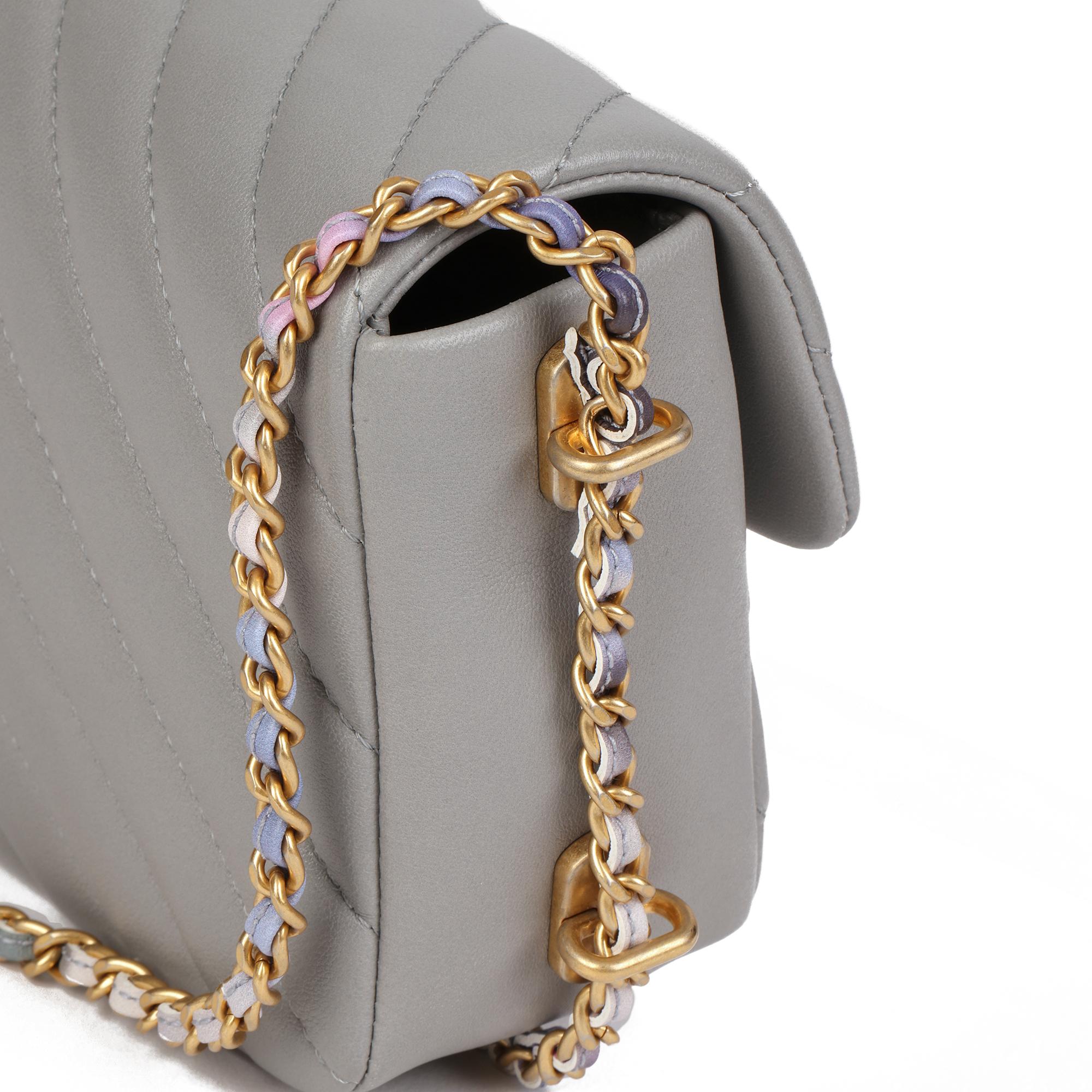 Women's CHANEL Grey Chevron Quilted Lambskin Chain Around Mini Rectangular Flap Bag