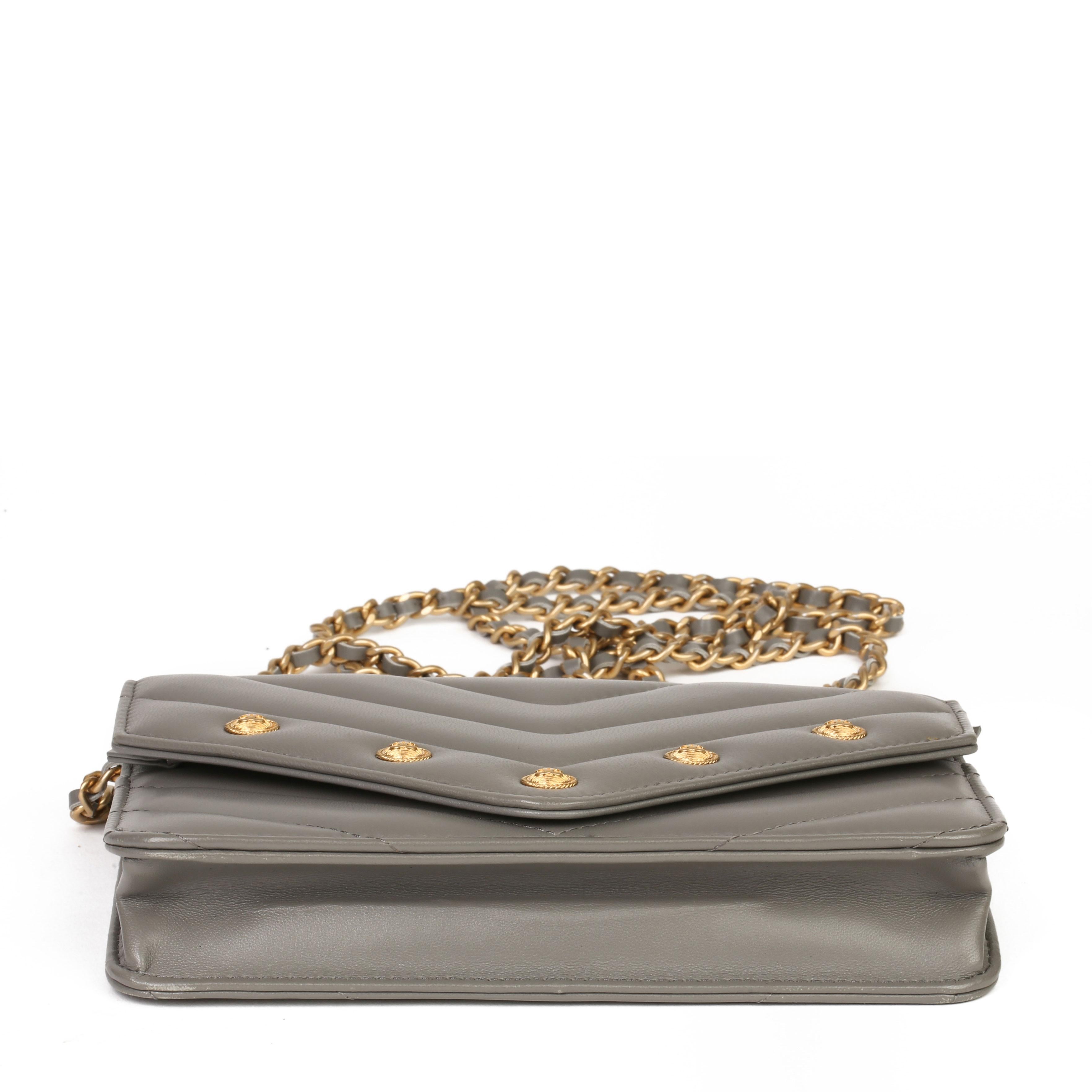 Women's Chanel Grey Chevron Quilted Studded Lambskin Envelope Wallet-on-Chain