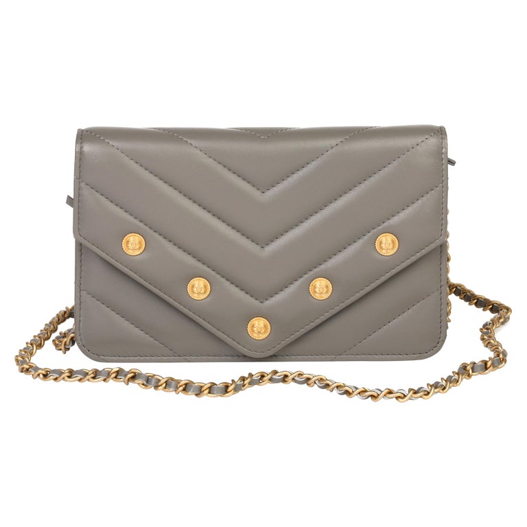 Chanel Grey Chevron Quilted Studded Lambskin Envelope Wallet-on-Chain ...