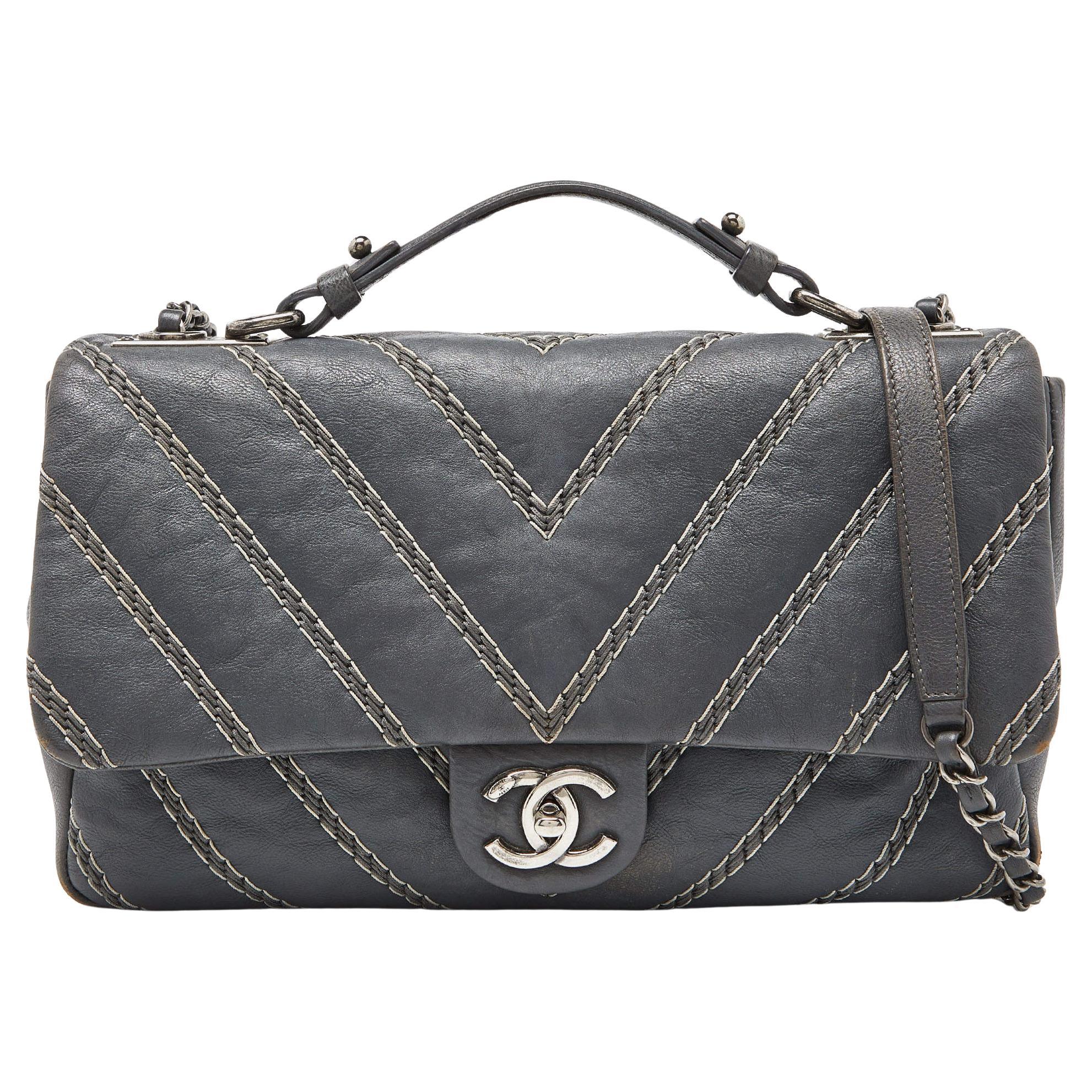 Chanel Grey Chevron Stitched Leather CC Top Handle Flap Bag