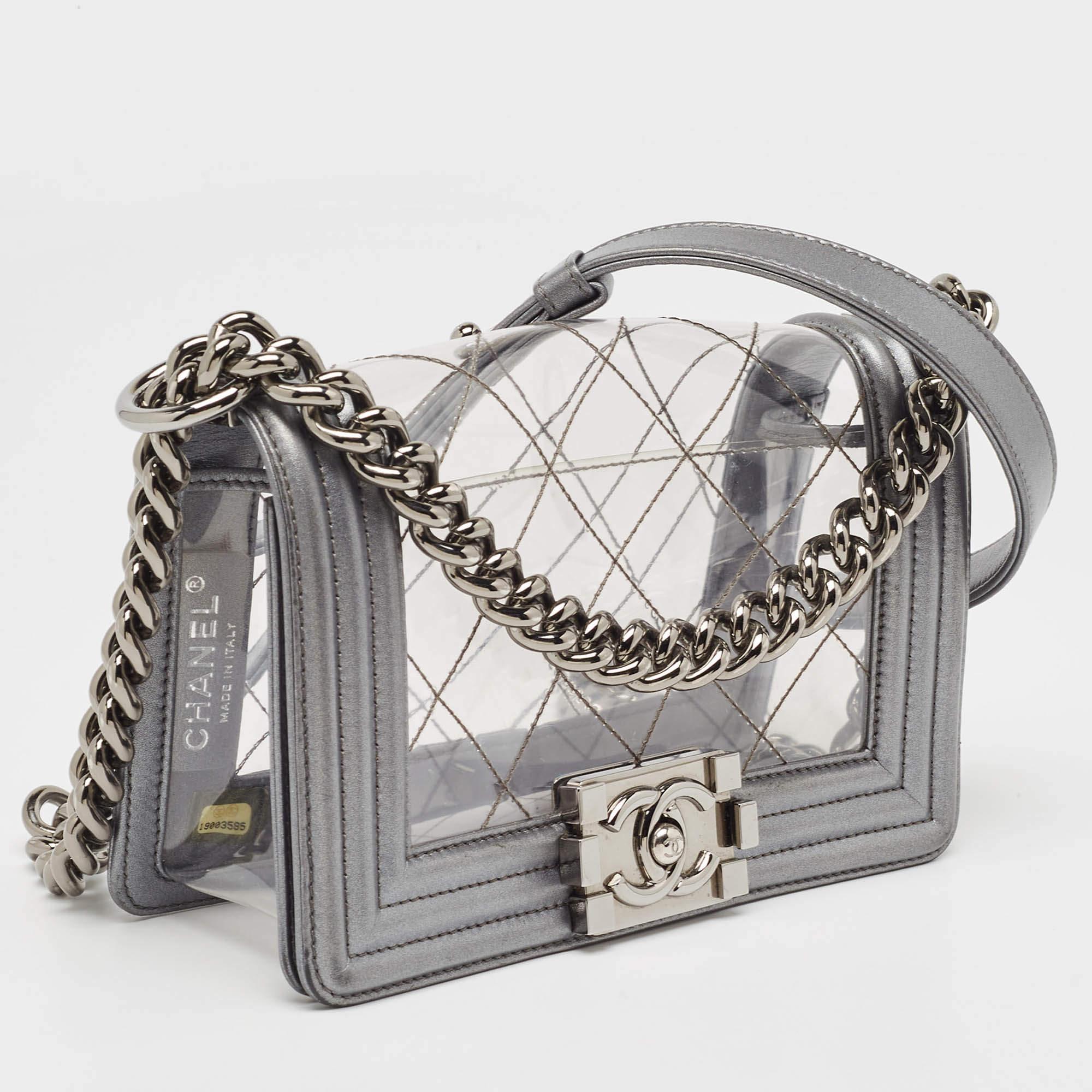 Gray Chanel Grey/Clear Quilted PVC and Leather Small Boy Flap Bag