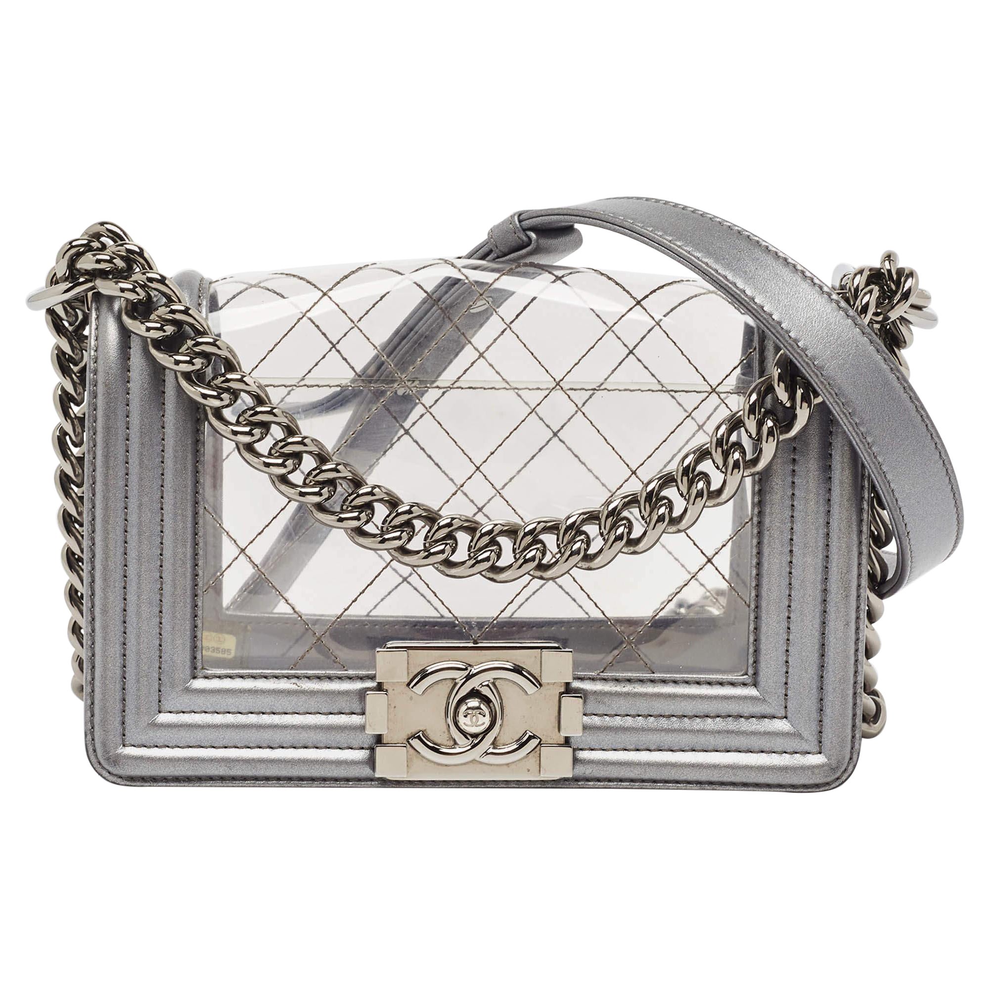 Chanel Grey/Clear Quilted PVC and Leather Small Boy Flap Bag