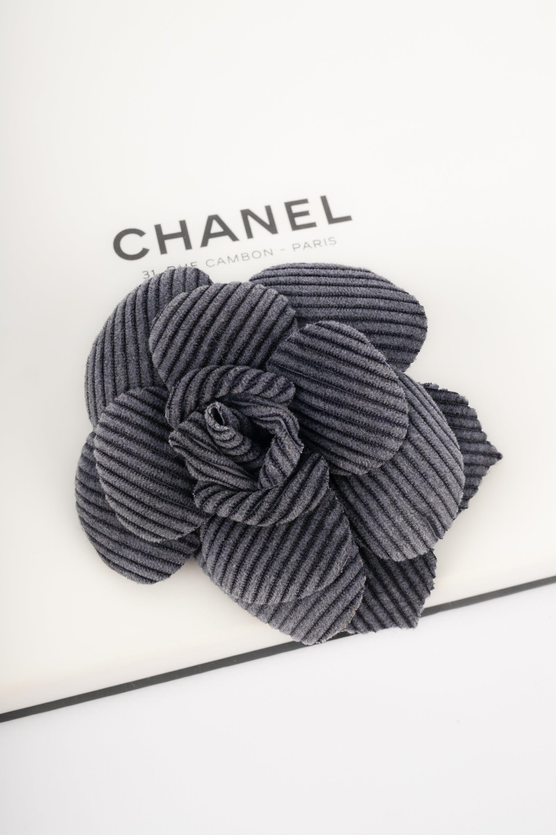 Chanel Grey Corduroy Velvet Camellia Brooch For Sale 1