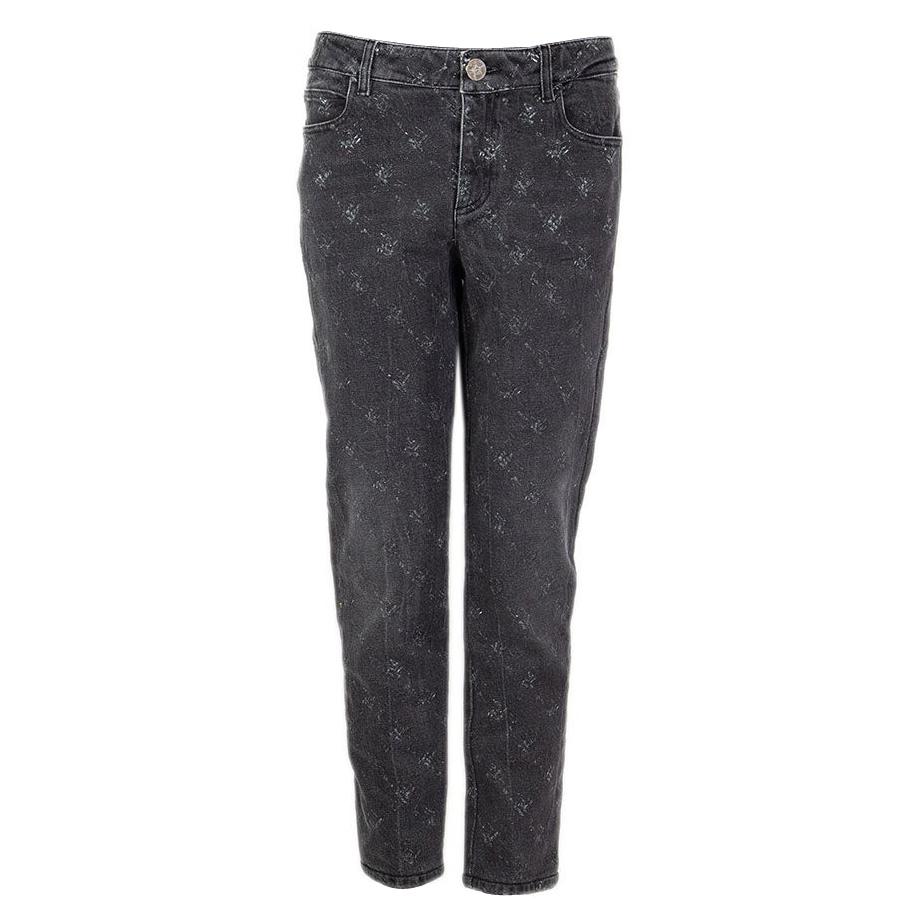 CHANEL grey cotton 2019 PRINTED DENIM SKINNY Jeans Pants 42 L