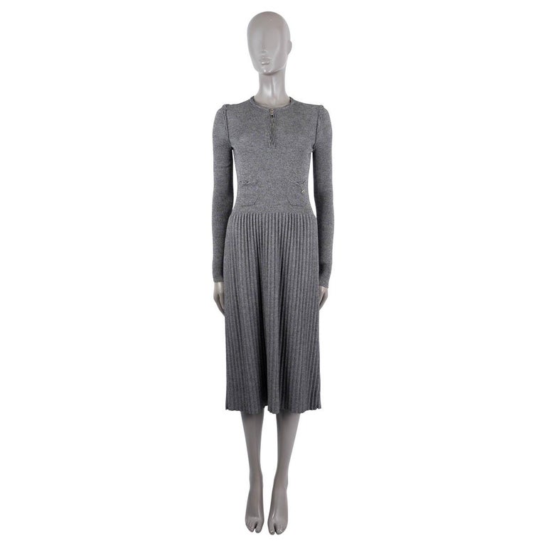CHANEL grey cotton and cashmere 2016 16B RIB KNIT MIDI Dress 36 XS