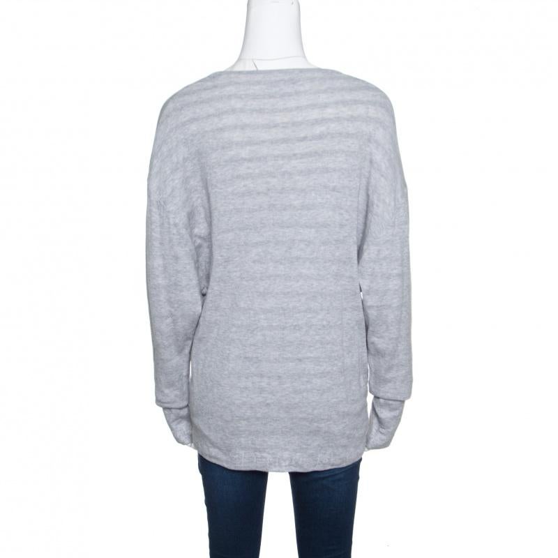 Gray Chanel Grey Cotton Knit V-Neck Sweater M