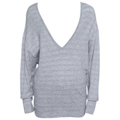 Chanel Grey Cotton Knit V-Neck Sweater M