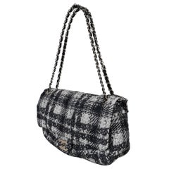 CHANEL grey & cream nylon 13A EDINBURG TWEED PRINT Shoulder Bag