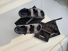 Chanel Grey Denim Dad Sandals Gold Pearl CC Shoes EU 39.5 US 9.5 Box Set