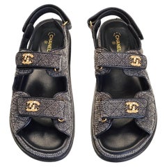 Chanel Grey Denim Dad Sandals Gold Pearl CC Shoes EU 39.5 US 9.5 Box Set
