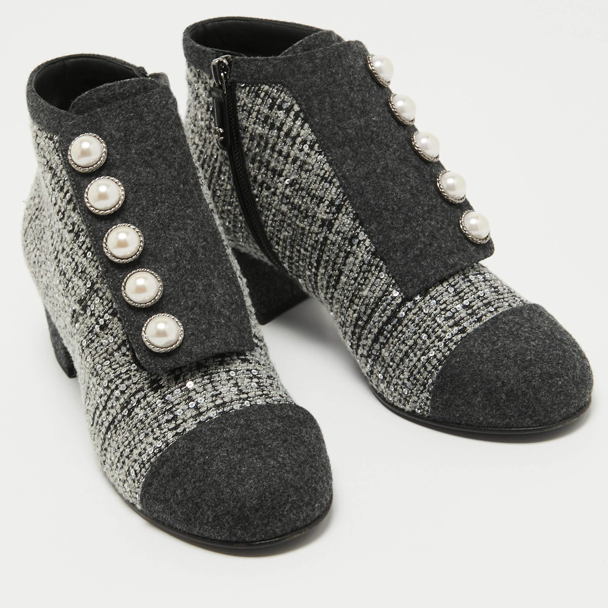 Women's Chanel Grey Embellished Tweed Faux Pearl Ankle Boots Size 38.5