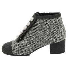 Chanel Grey Embellished Tweed Faux Pearl Ankle Boots Size 38.5