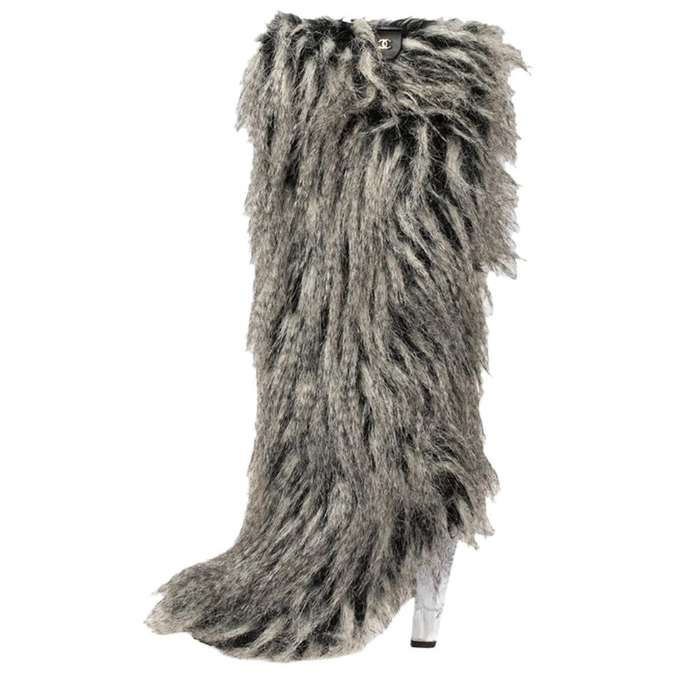 Chanel Grey Faux Fur Yeti Boots Size 38.5