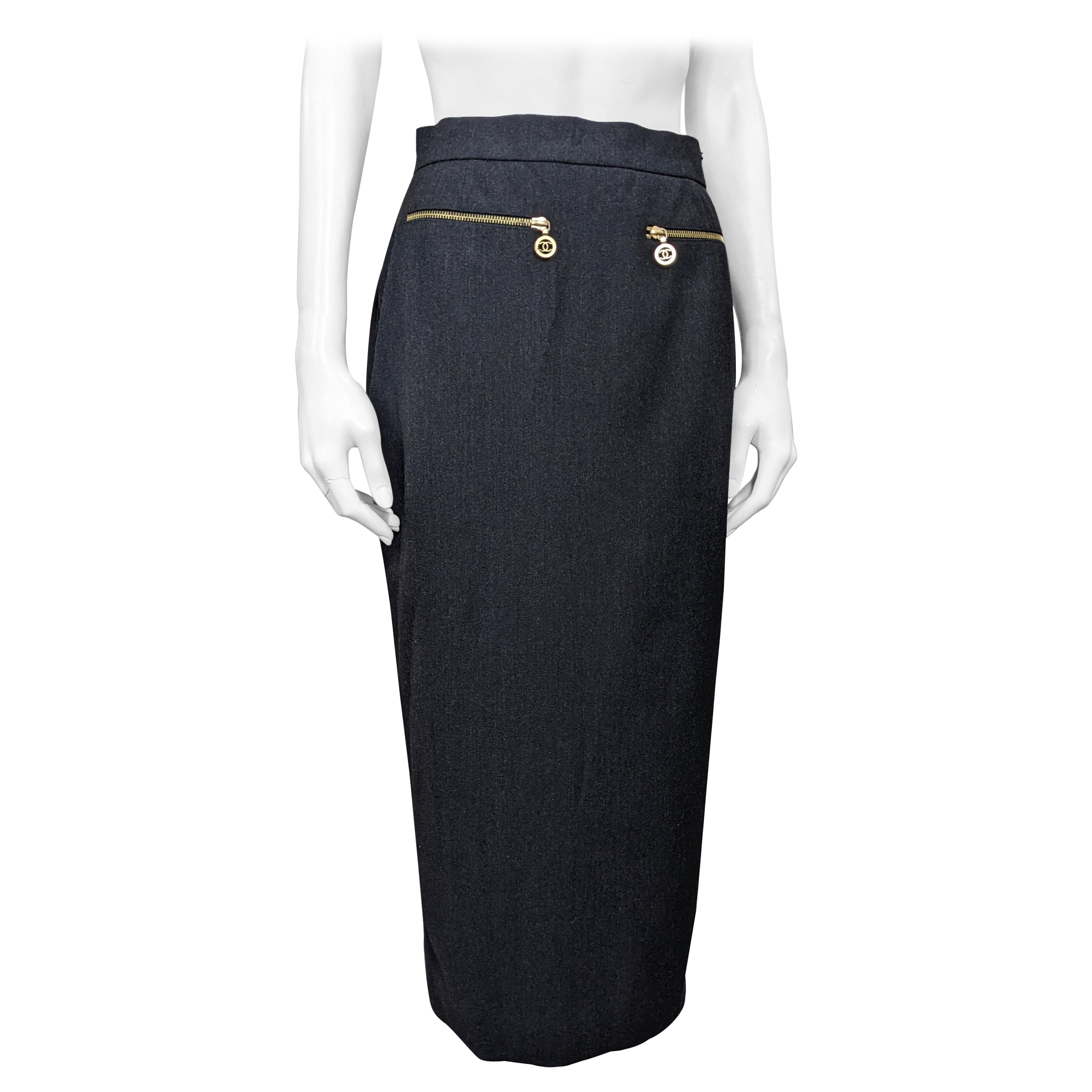 Chanel Grauer Stretch-Bleistiftrock aus Flanell im Angebot