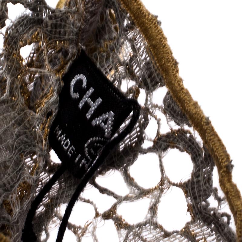 Brown Chanel Grey Foil Print Floral Lace Fingerless Opera Gloves M