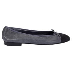 Used CHANEL grey GLOSSY LEATHER Ballet Flats Shoes 38.5