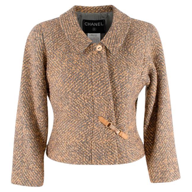 Chanel Grey & Gold Herringbone Tweed Jacket For Sale
