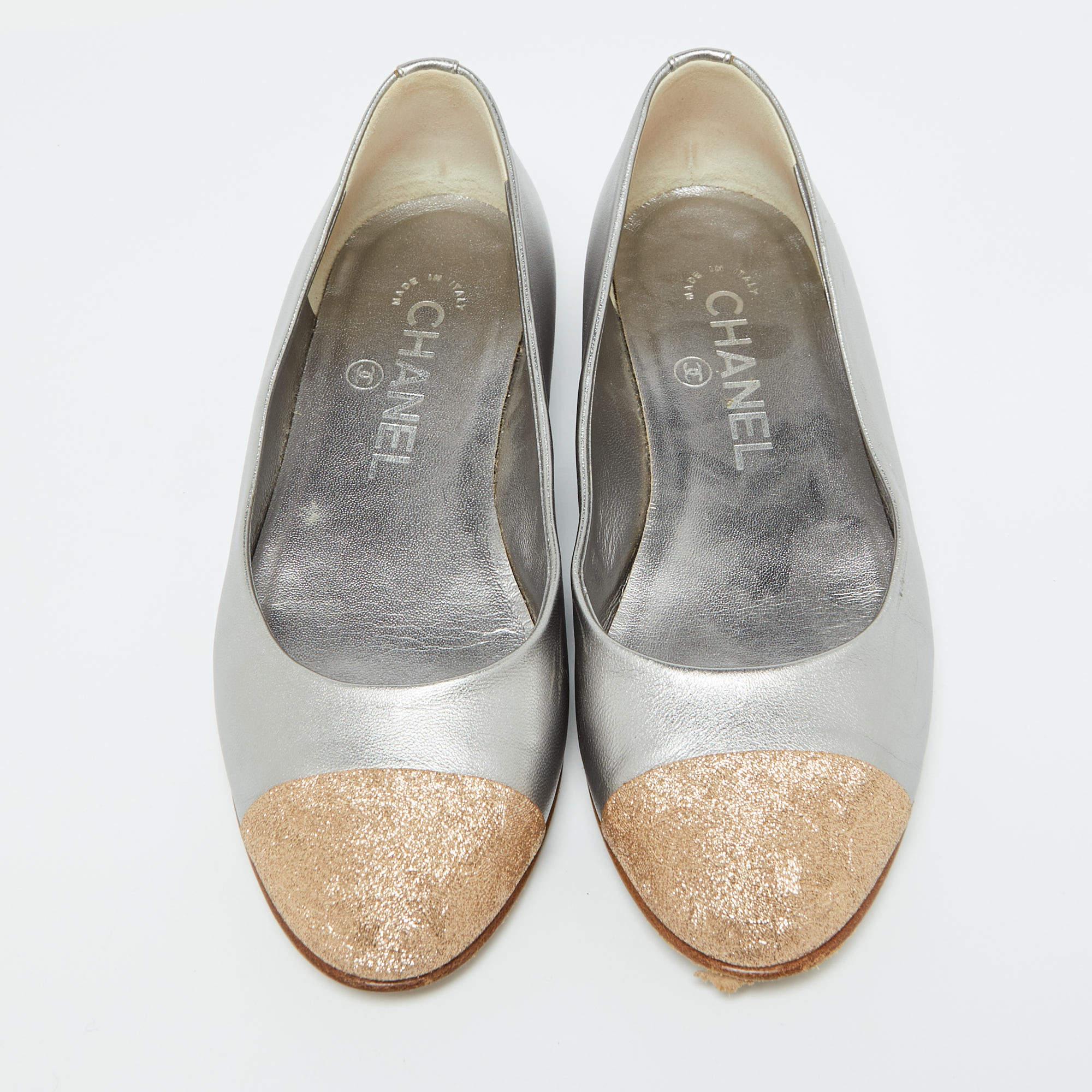 Gray Chanel Grey/Gold Leather CC Cap Toe Ballet Flats Size 35