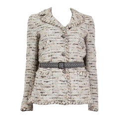 CHANEL grey & gold silk blend Boucle Tweed Belted Blazer Jacket 36 XS