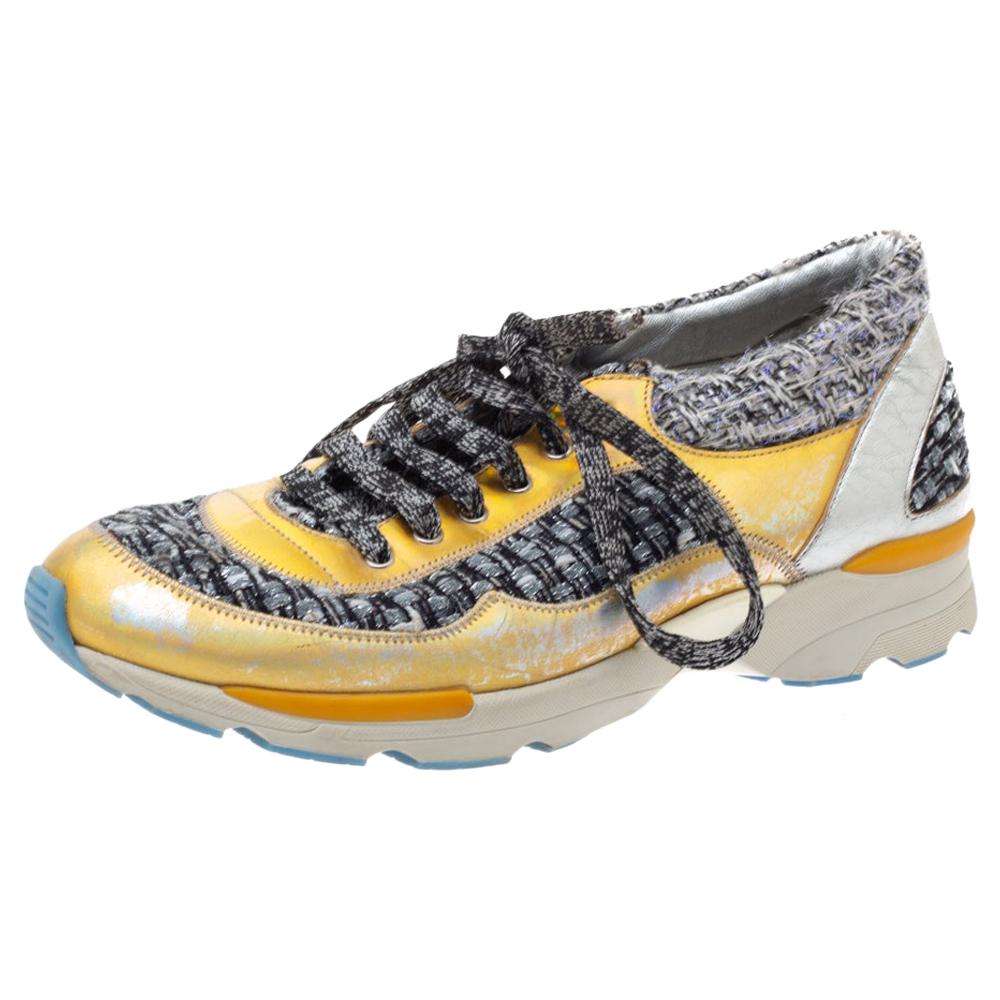 Chanel Grey/Gold Tweed and Patent Leather Lace Sneakers Size 38.5