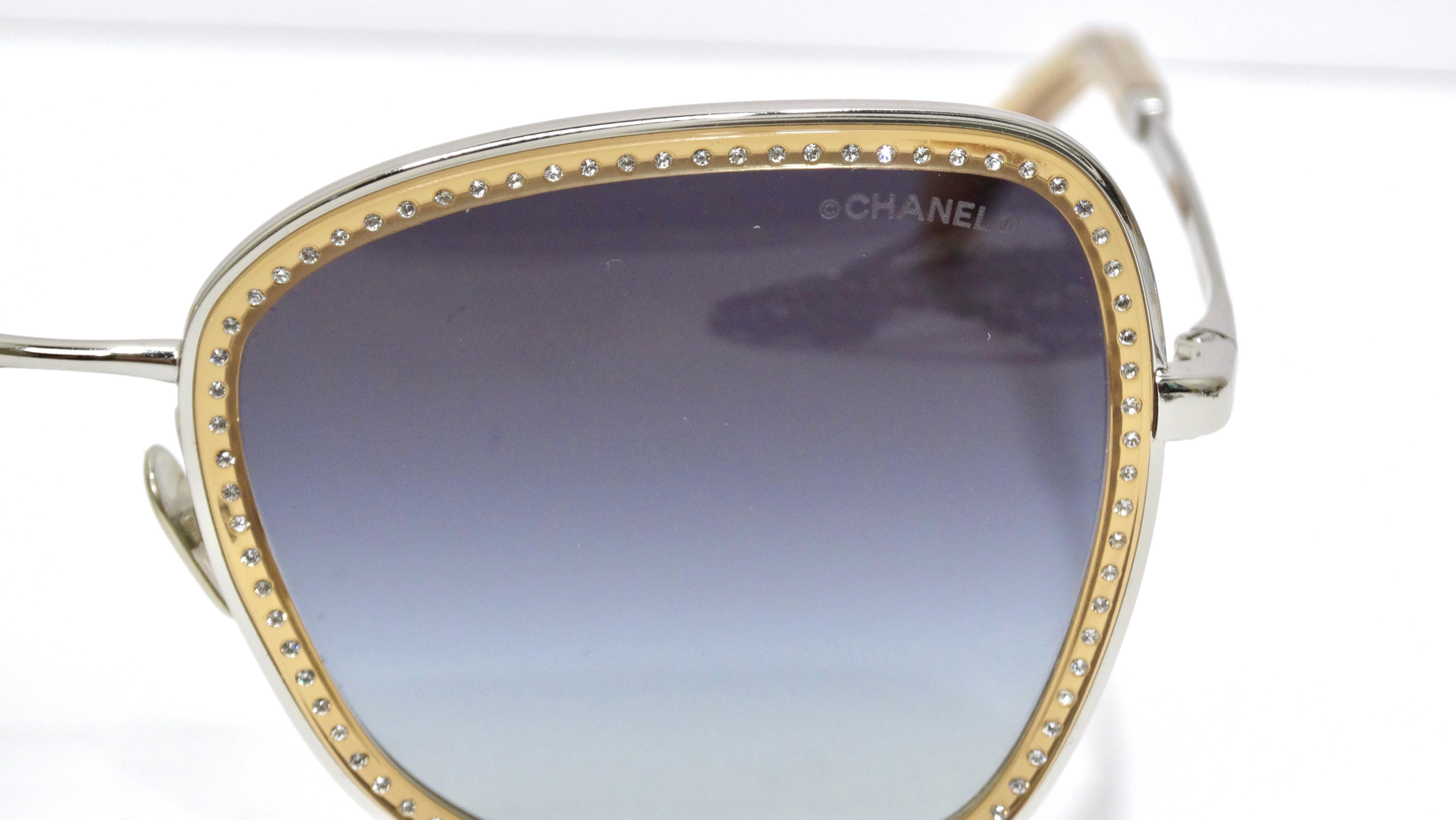 The iconic house of Chanel gives you a classic yet glamorous pair of sunglasses. Chanel will never fail to deliver a luxe and timeless piece. These sunglasses are brand new with the tags still attached. These sunglasses effortlessly mixes gold