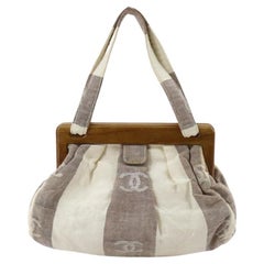 Chanel Grey Ivory Stripes Canvas Wooden Clam Shell Shoulder Bag