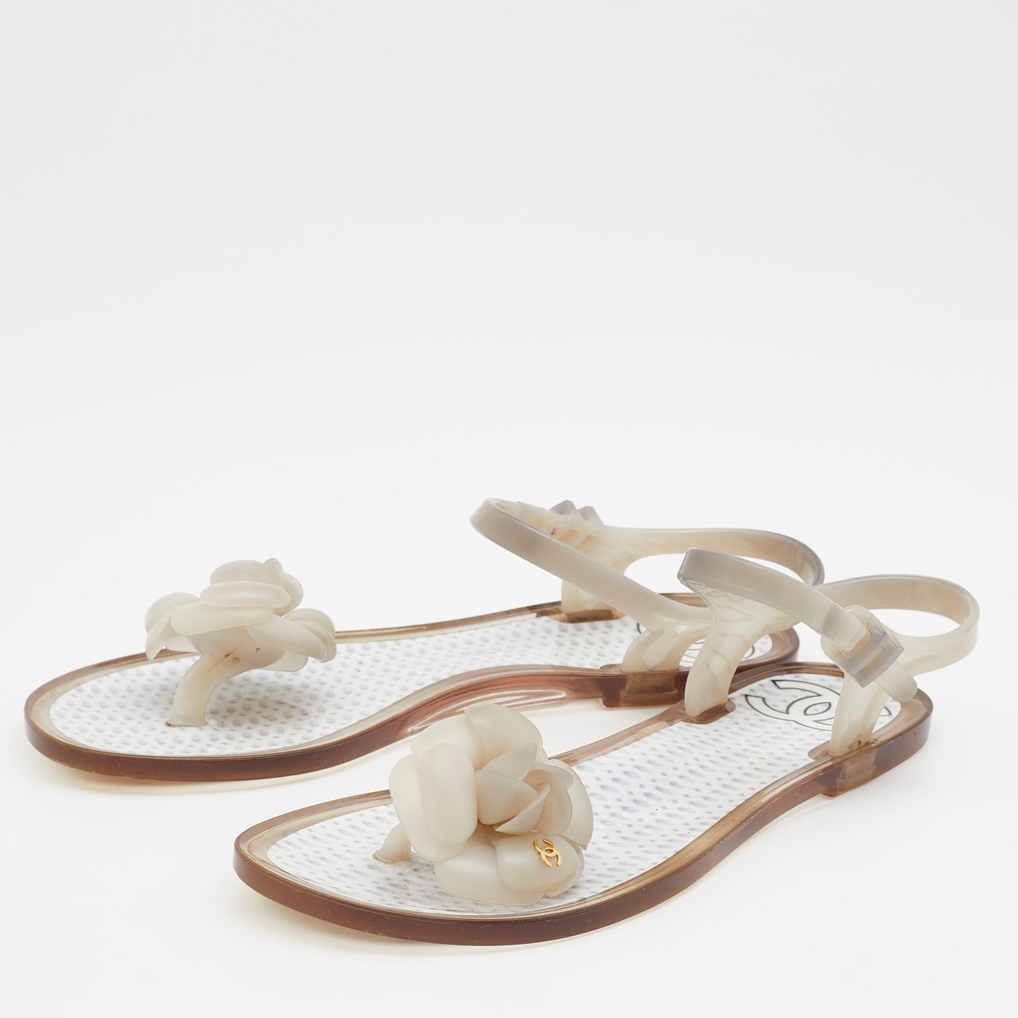 Beige Chanel Grey Jelly Camellia Ankle Strap Thong Flat Sandals Size 36