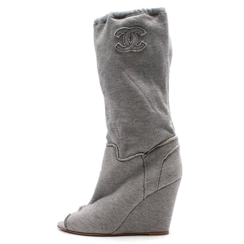 Chanel Grey Jersey Peep toe Boots - Size EU 39 In Excellent Condition In London, GB