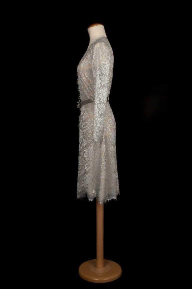 Chanel Grey Lace Long-sleeve Dress Haute Couture, 1996 In Excellent Condition In SAINT-OUEN-SUR-SEINE, FR