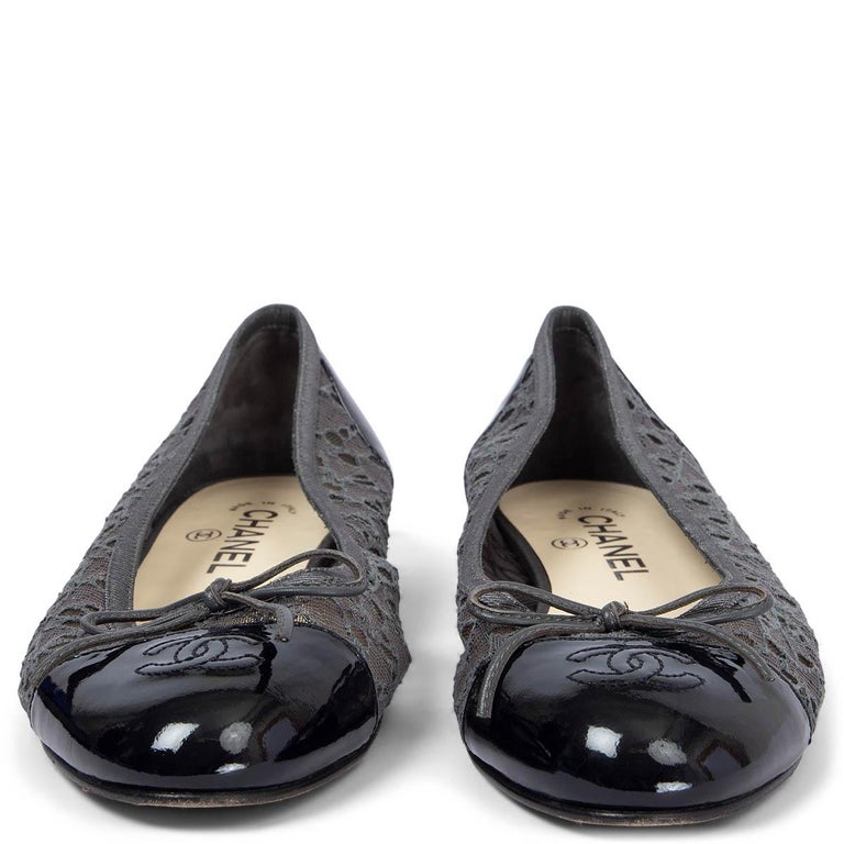 CHANEL grey LACE MESH & PATENT Ballet Flats Shoes 38.5