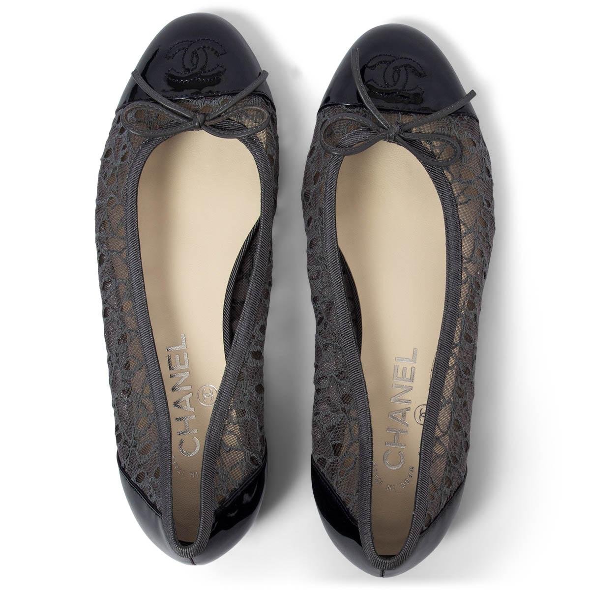 Black CHANEL grey LACE MESH & PATENT Ballet Flats Shoes 38.5