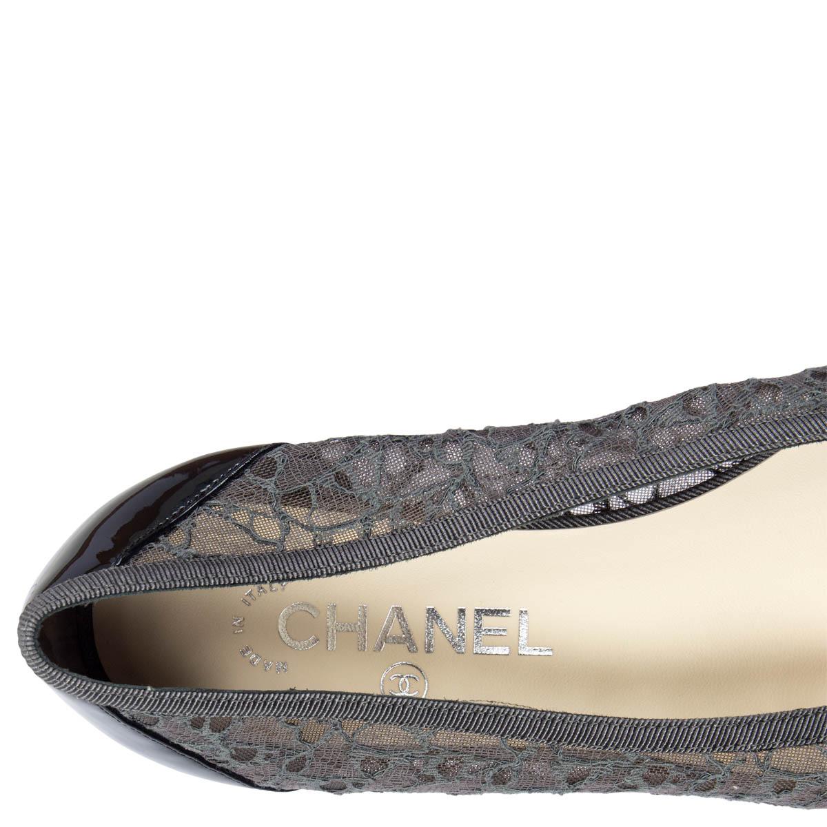Women's CHANEL grey LACE MESH & PATENT Ballet Flats Shoes 38.5