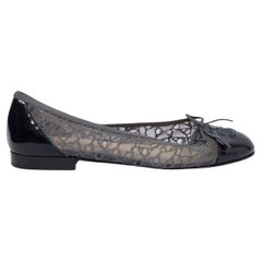 Used CHANEL grey LACE MESH & PATENT Ballet Flats Shoes 38.5