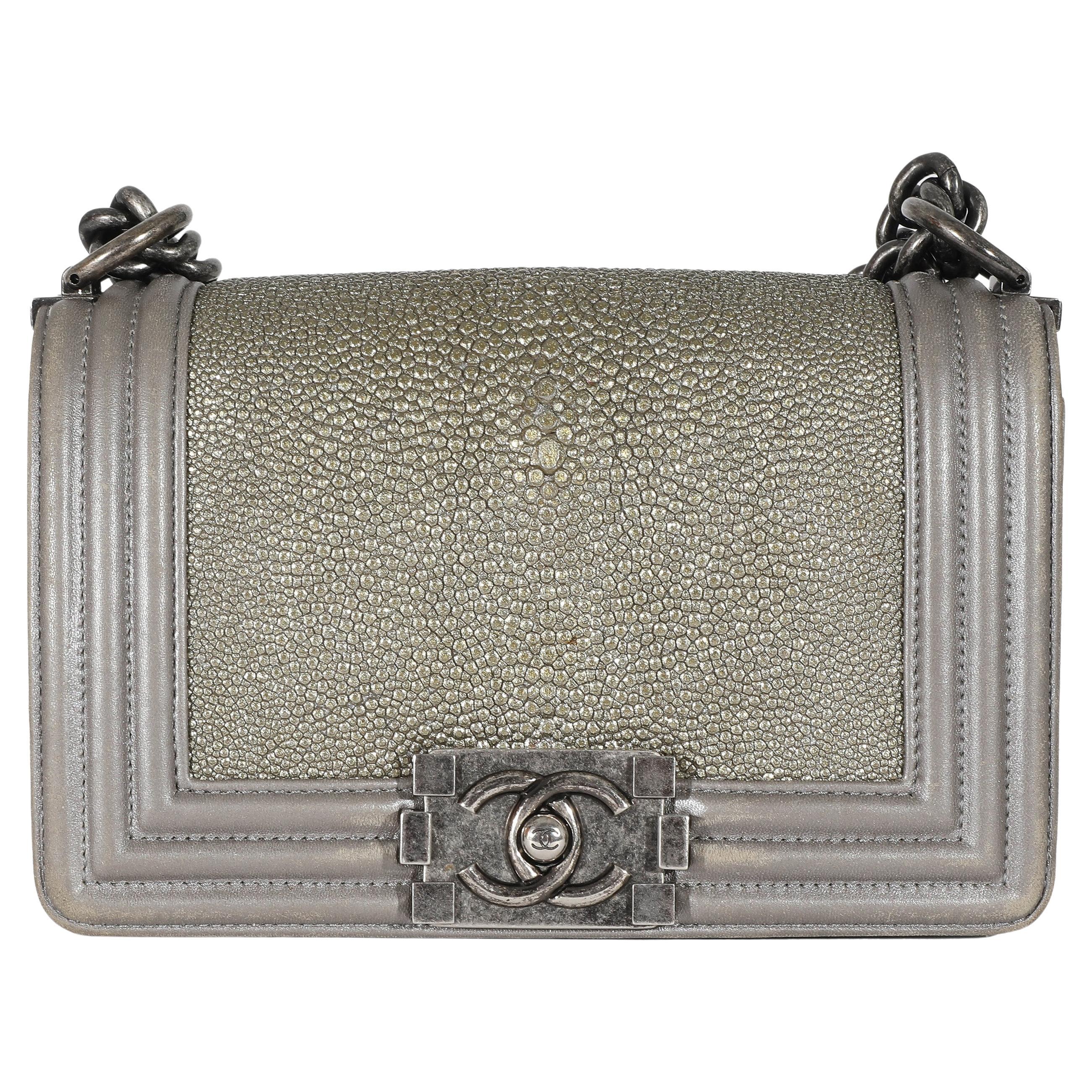Chanel Grey Lambskin Galuchat Stingray Small Boy Bag For Sale at