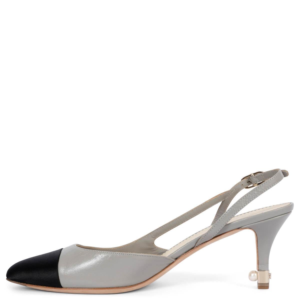Women's CHANEL grey leather 2013 PEARL HEEL Slingbacks Pumps Shoes 40.5