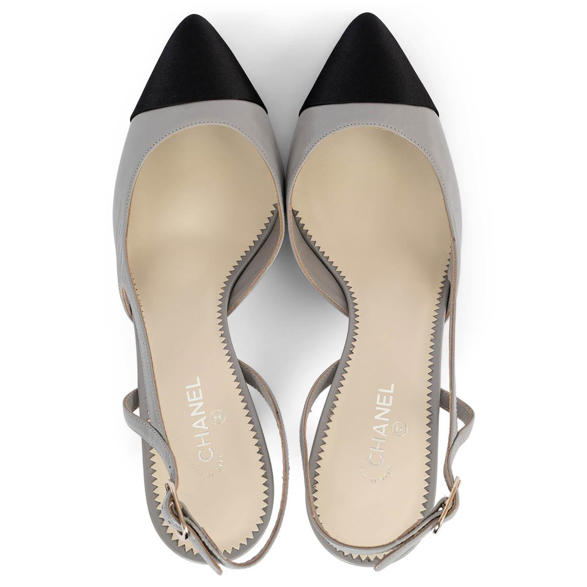 CHANEL grey leather 2013 PEARL HEEL Slingbacks Pumps Shoes 40.5 2