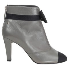 CHANEL grey leather 2019 BLACK GROSGRAIN BOW Ankle Boots Shoes 39 C