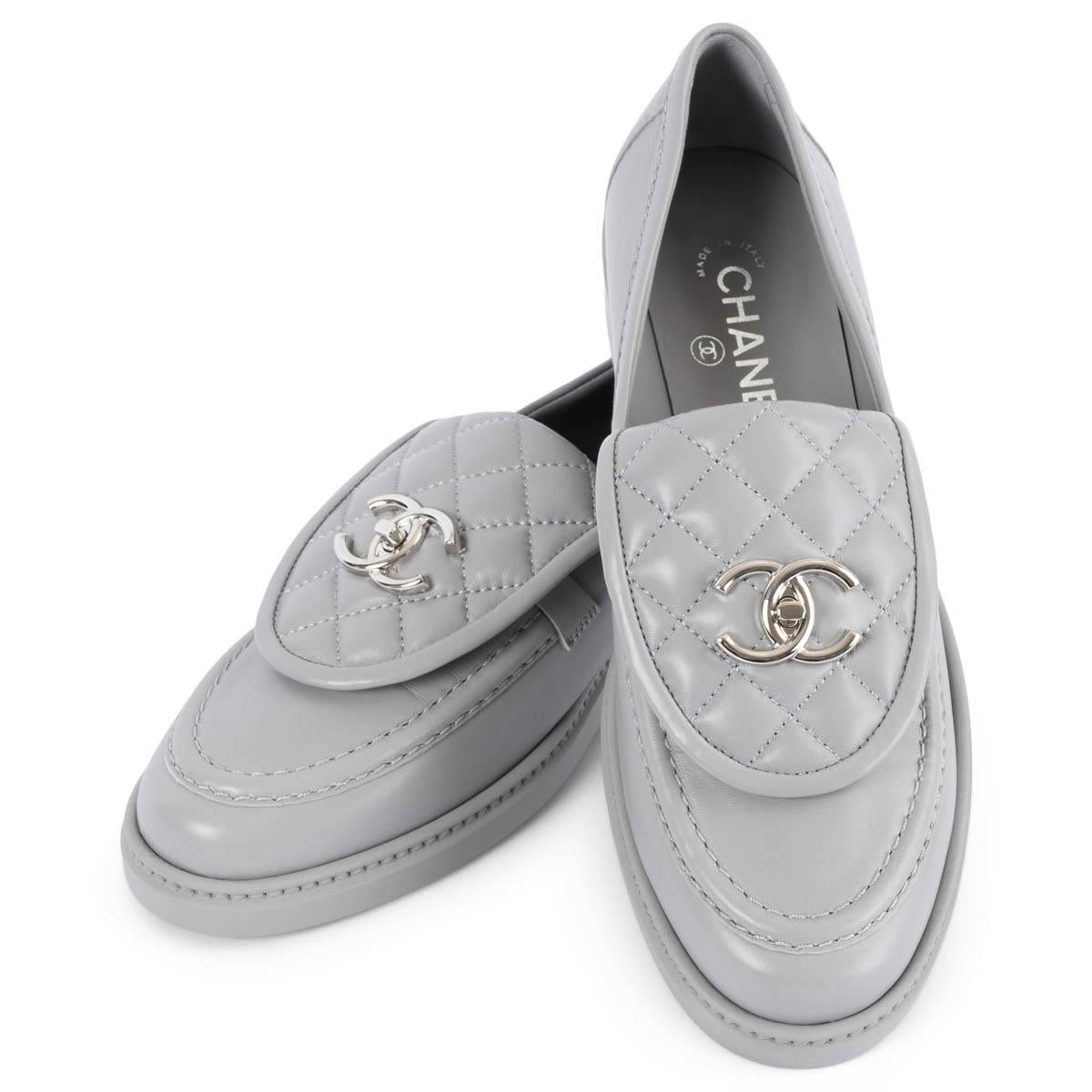 CHANEL grey leather 2021 21B TURNLOCK Loafers Flats Shoes 39 4