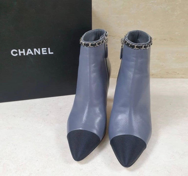 Chanel Grey Leather Black Point Chain Booties
